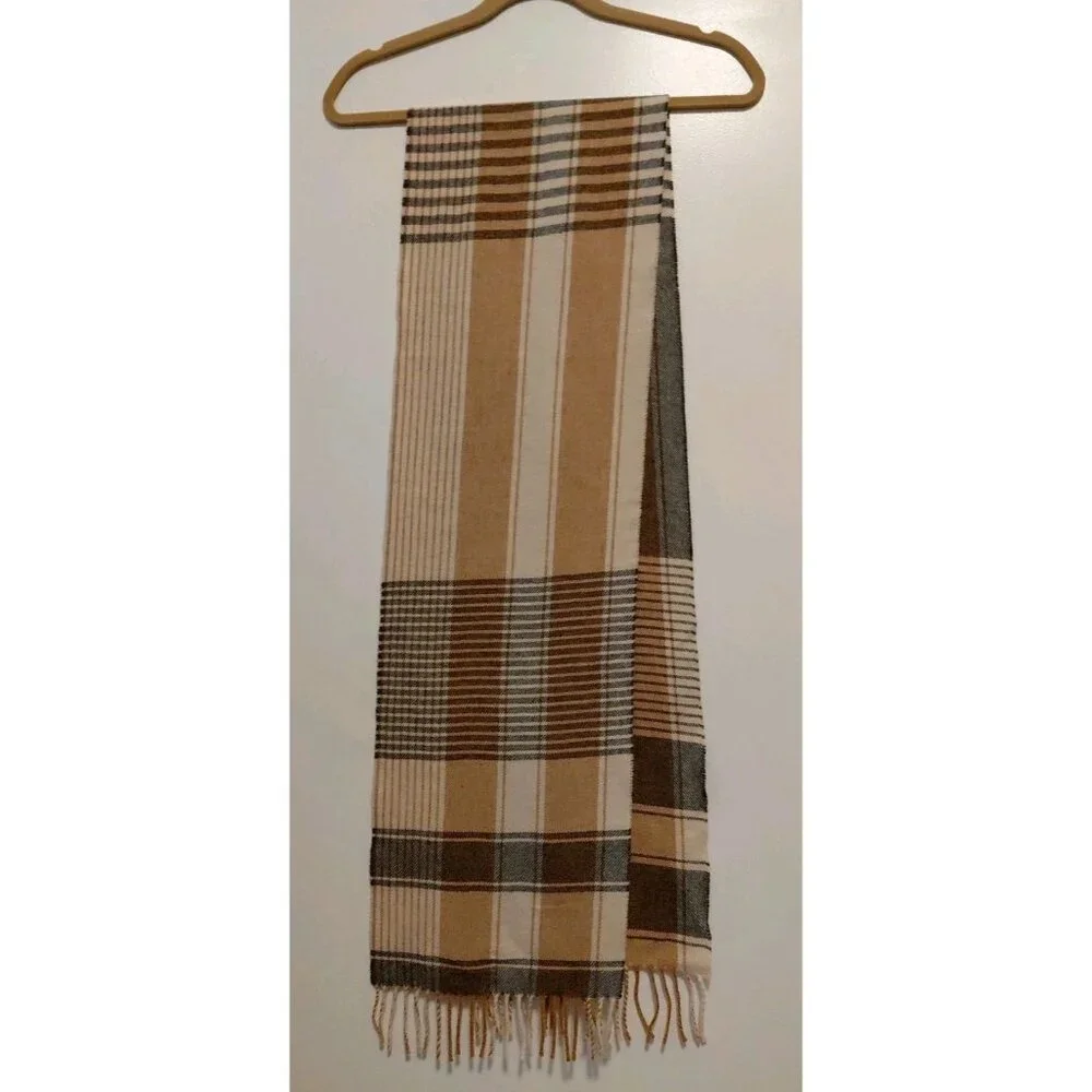 Cotswold Woollen Weavers Plaid Wool Scarf With Fringe Gold Gray Beige
